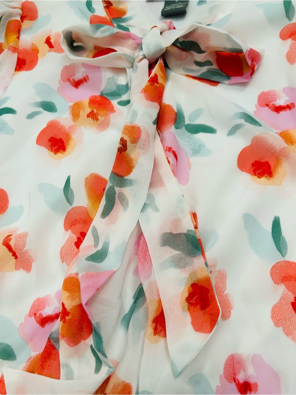 Lark + Grey Tie-Neck Floral Midi Dress in White with Pink & Orange Print - Picture 5 of 9